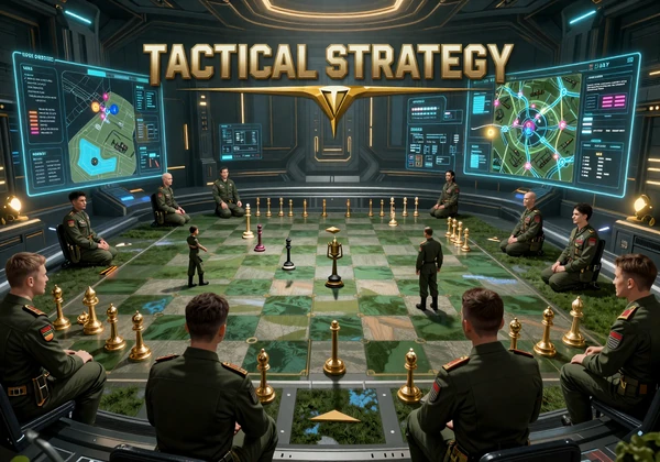Tactical Strategy Forge collection - war room with commanders studying a holographic battlefield map