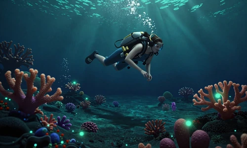 Hidden Gem: Abyssal Echoes editorial - diver exploring bioluminescent underwater coral world