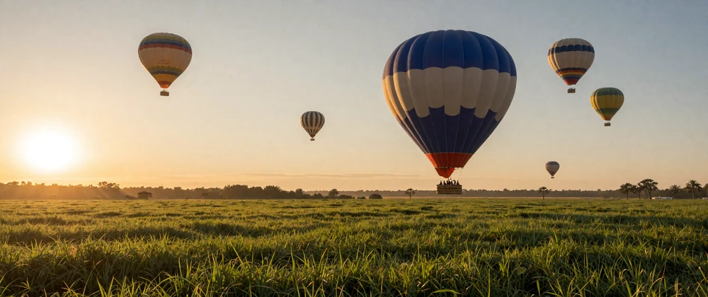Relaxed Exploration Pack collection - peaceful countryside sunrise with hot air balloons in soft pastel golden tones